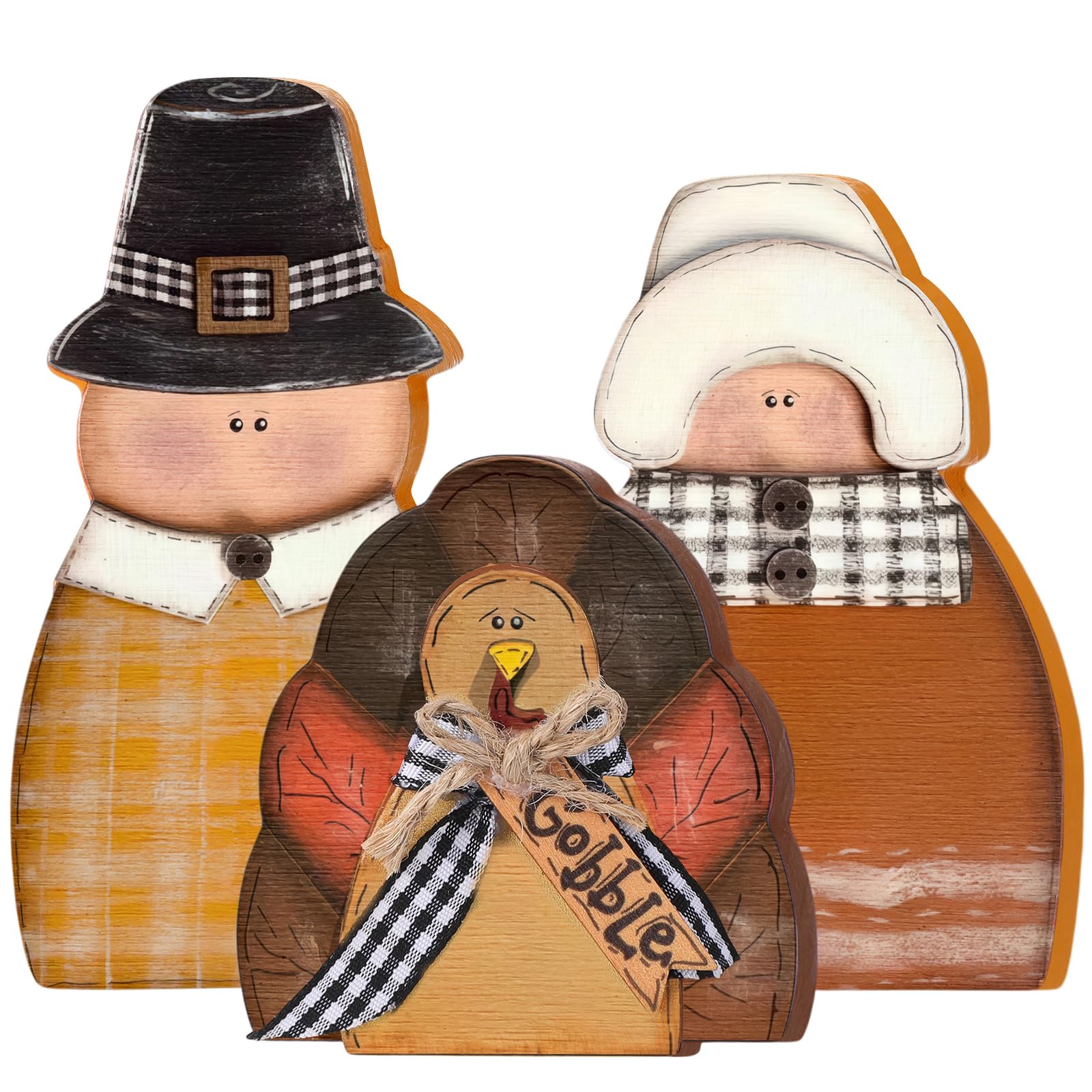 3 Pcs Fall Thanksgiving Decorations Fall Wooden Turkey Pilgrim Couple Table Sign Thanksgiving Standing Tabletop Decor for Autumn Harvest Indoor Tabletop(Turkey)