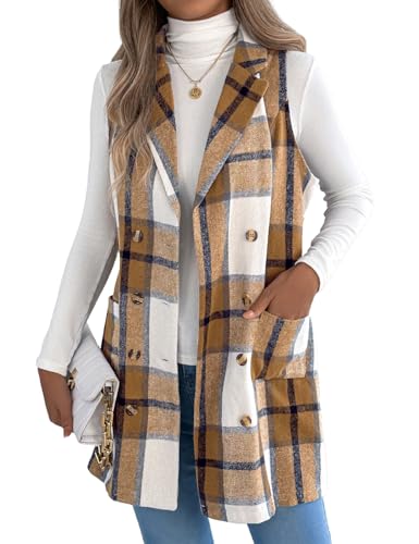 Kinghua Plaid Long Vest for Women Sleeveless Wool Coats Fall Winter Double Breasted Blazer Jackets Outwear