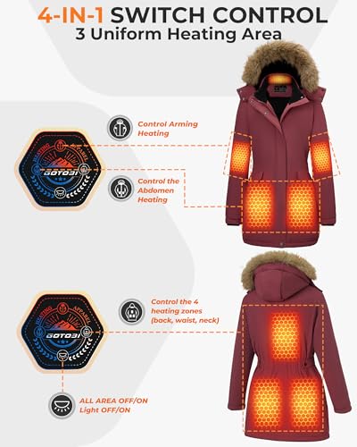 Graphene Long Heated Jacket for Women with 18400mAh 12V Battery Pack, Womens Parka Coat with Faux Fur Detachable Hood
