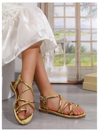 GORGLITTER Girl's Metallic Strappy Flat Sandals Dressy Toe Ring Ankle Strap Cute Slio on Shoes
