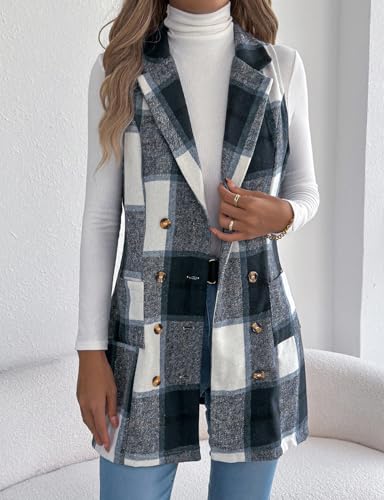 Kinghua Plaid Long Vest for Women Sleeveless Wool Coats Fall Winter Double Breasted Blazer Jackets Outwear