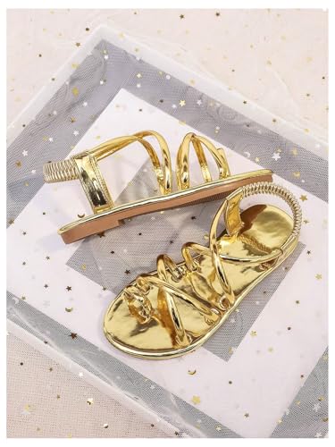 GORGLITTER Girl's Metallic Strappy Flat Sandals Dressy Toe Ring Ankle Strap Cute Slio on Shoes