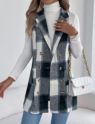 Kinghua Plaid Long Vest for Women Sleeveless Wool Coats Fall Winter Double Breasted Blazer Jackets Outwear