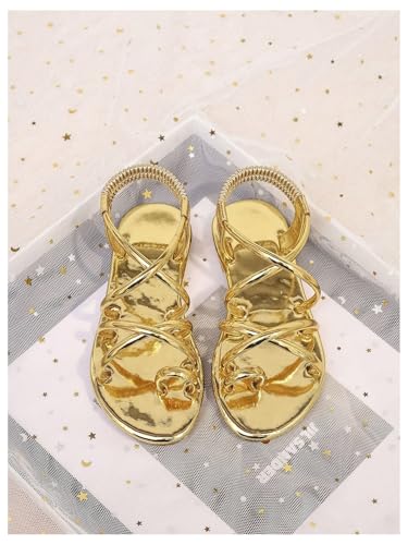 GORGLITTER Girl's Metallic Strappy Flat Sandals Dressy Toe Ring Ankle Strap Cute Slio on Shoes