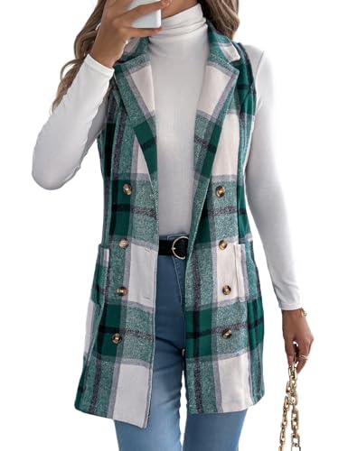 Kinghua Plaid Long Vest for Women Sleeveless Wool Coats Fall Winter Double Breasted Blazer Jackets Outwear