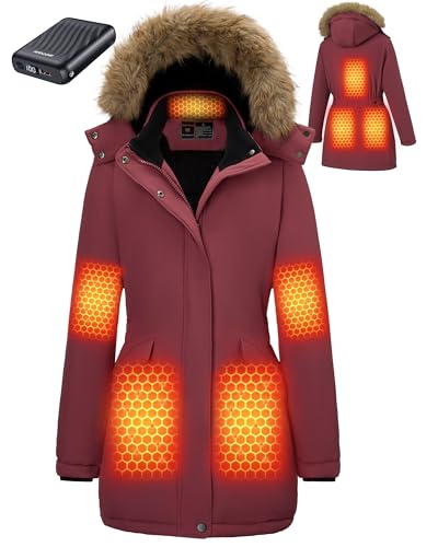 Graphene Long Heated Jacket for Women with 18400mAh 12V Battery Pack, Womens Parka Coat with Faux Fur Detachable Hood