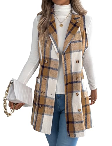 Kinghua Plaid Long Vest for Women Sleeveless Wool Coats Fall Winter Double Breasted Blazer Jackets Outwear