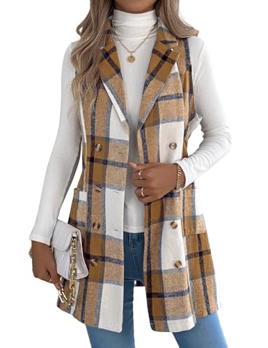 Kinghua Plaid Long Vest for Women Sleeveless Wool Coats Fall Winter Double Breasted Blazer Jackets Outwear