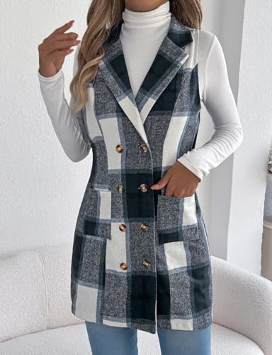 Kinghua Plaid Long Vest for Women Sleeveless Wool Coats Fall Winter Double Breasted Blazer Jackets Outwear