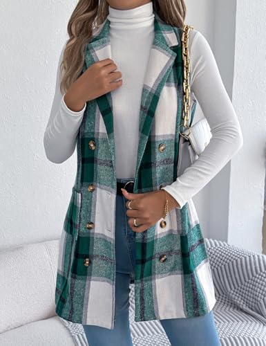 Kinghua Plaid Long Vest for Women Sleeveless Wool Coats Fall Winter Double Breasted Blazer Jackets Outwear
