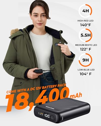 Graphene Long Heated Jacket for Women with 18400mAh 12V Battery Pack, Womens Parka Coat with Faux Fur Detachable Hood