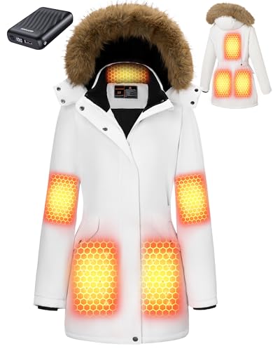 Graphene Long Heated Jacket for Women with 18400mAh 12V Battery Pack, Womens Parka Coat with Faux Fur Detachable Hood