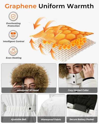 Graphene Long Heated Jacket for Women with 18400mAh 12V Battery Pack, Womens Parka Coat with Faux Fur Detachable Hood