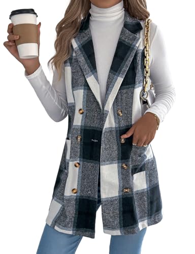 Kinghua Plaid Long Vest for Women Sleeveless Wool Coats Fall Winter Double Breasted Blazer Jackets Outwear