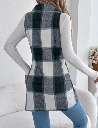 Kinghua Plaid Long Vest for Women Sleeveless Wool Coats Fall Winter Double Breasted Blazer Jackets Outwear