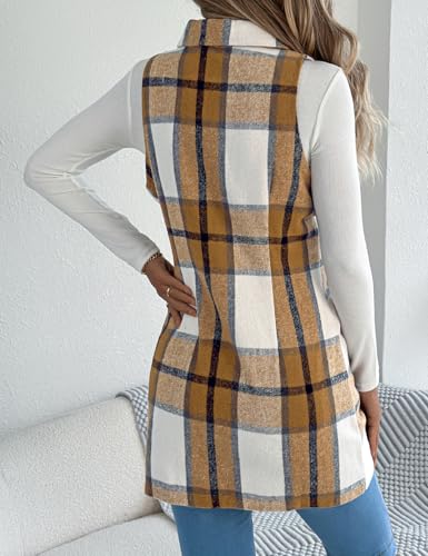 Kinghua Plaid Long Vest for Women Sleeveless Wool Coats Fall Winter Double Breasted Blazer Jackets Outwear