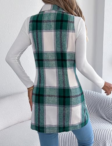 Kinghua Plaid Long Vest for Women Sleeveless Wool Coats Fall Winter Double Breasted Blazer Jackets Outwear