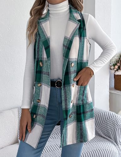 Kinghua Plaid Long Vest for Women Sleeveless Wool Coats Fall Winter Double Breasted Blazer Jackets Outwear