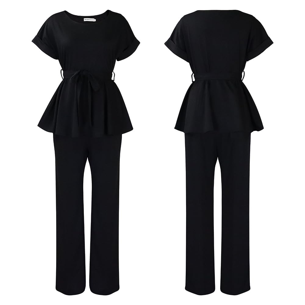 Women's 2 Piece Outfits Suit Set Short Sleeve Peplum Top Flared Pants Sets Business Pantsuits