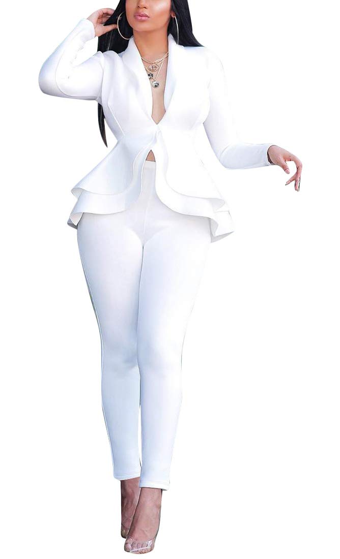 Aro Lora Women's 2 Piece Outfit Casual Solid Open Front Blazer and Pencil Pant Suits Set