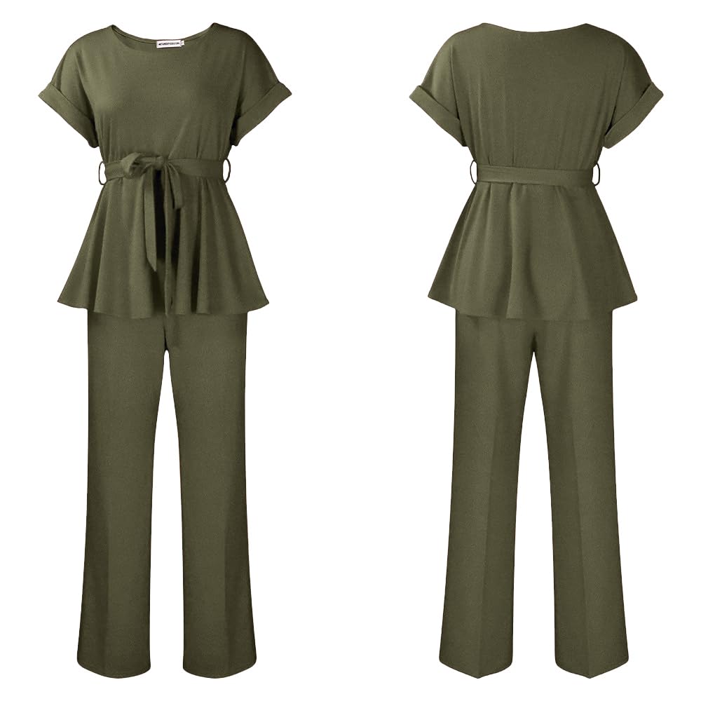 Women's 2 Piece Outfits Suit Set Short Sleeve Peplum Top Flared Pants Sets Business Pantsuits