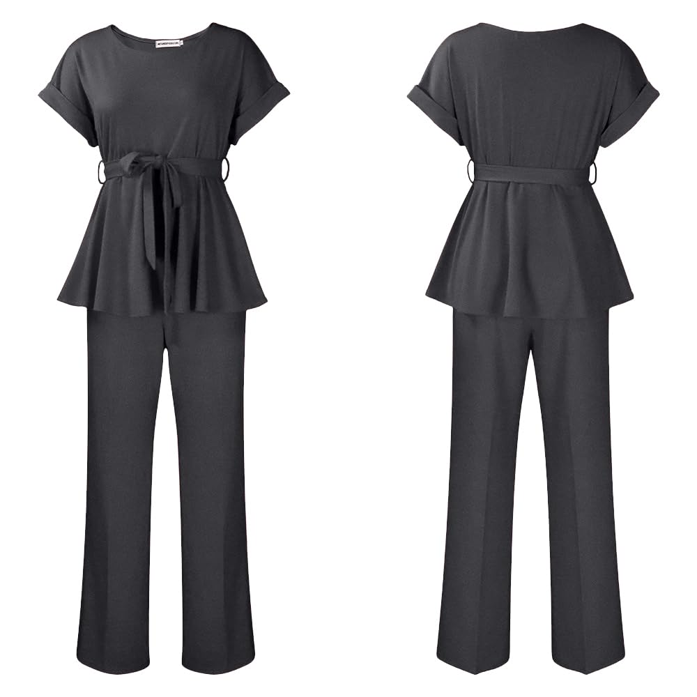 Women's 2 Piece Outfits Suit Set Short Sleeve Peplum Top Flared Pants Sets Business Pantsuits