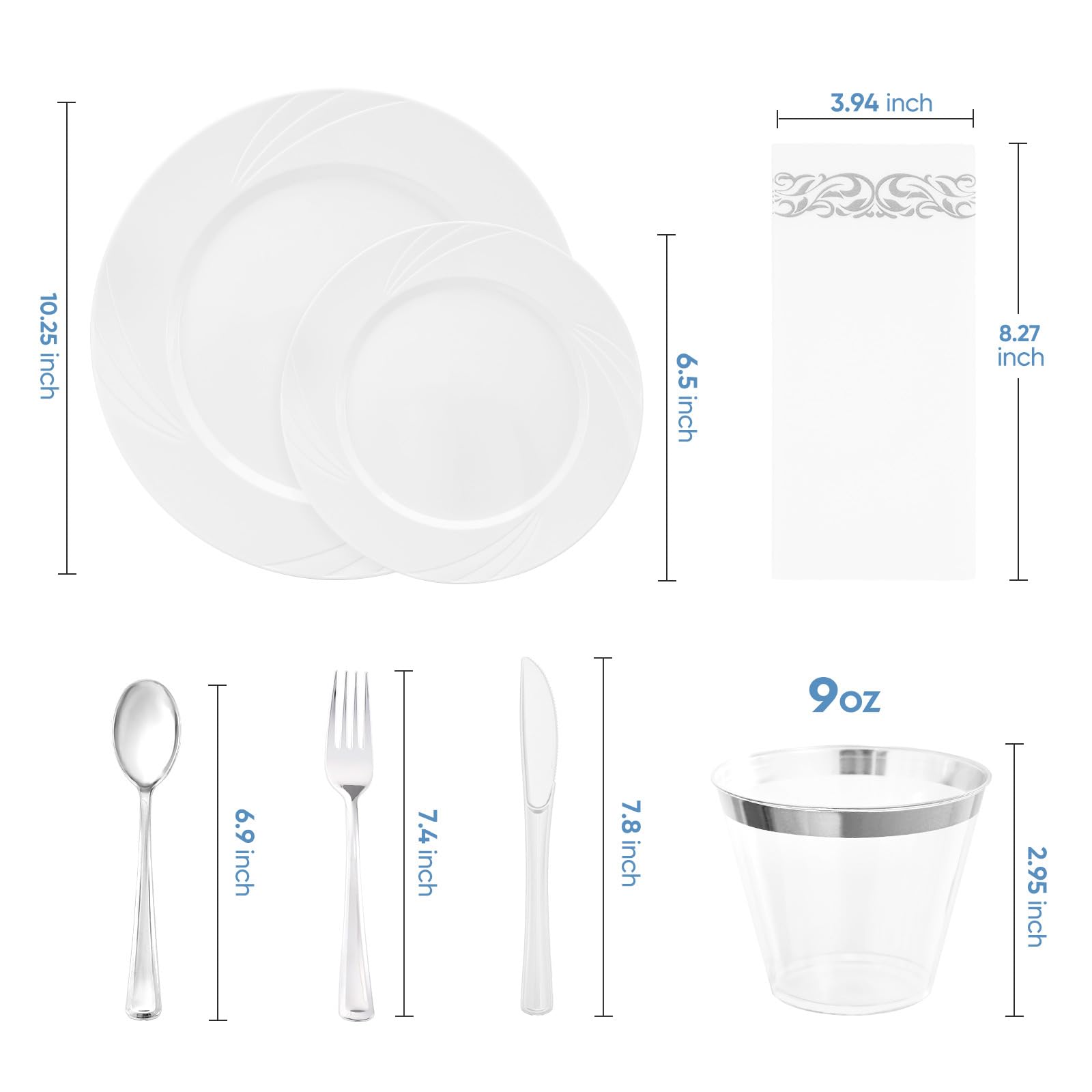 350-Piece Gold Rim Plastic Dinnerware Set for 50 Guests, Elegant Disposable Dinnerware for Party, Wedding. Includes Dinner Plates, Dessert Plates, Gold Silverware, Napkins, Cups