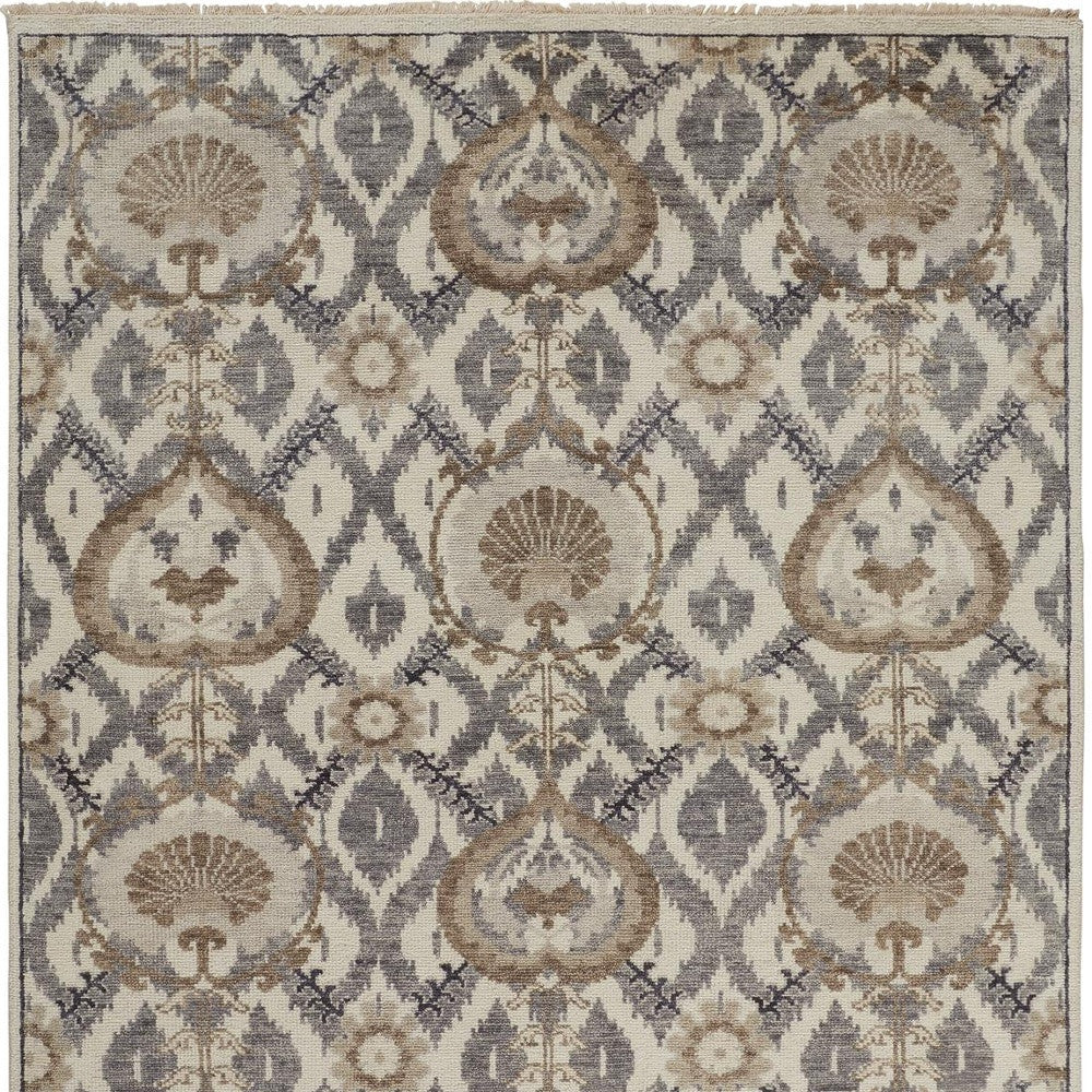 4' X 6' Gray and Ivory Wool Floral Hand Knotted Area Rug