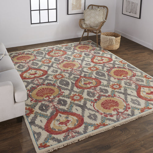 4' X 6' Gray and Ivory Wool Floral Hand Knotted Area Rug
