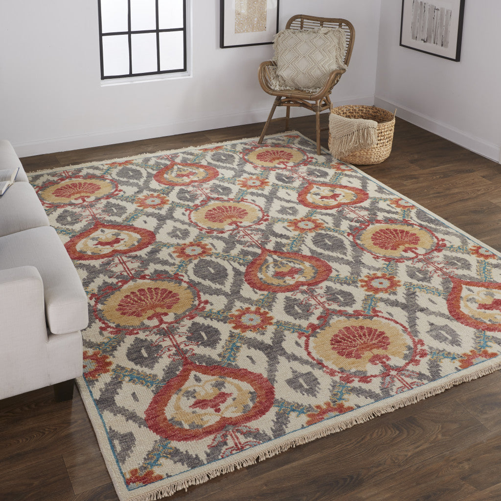 4' X 6' Gray and Ivory Wool Floral Hand Knotted Area Rug