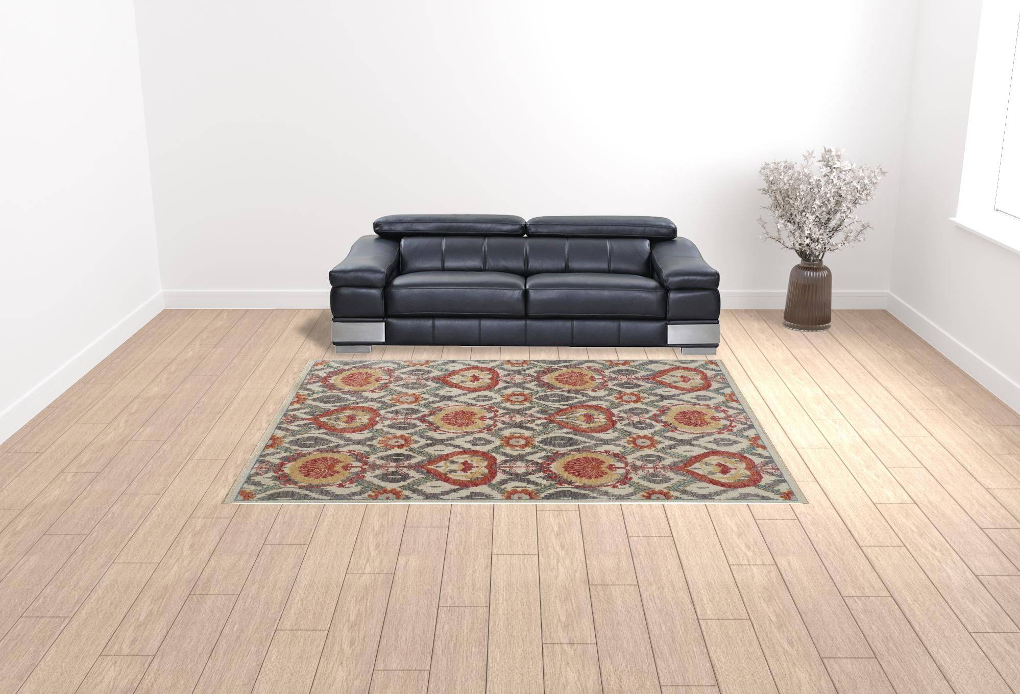 4' X 6' Gray and Ivory Wool Floral Hand Knotted Area Rug