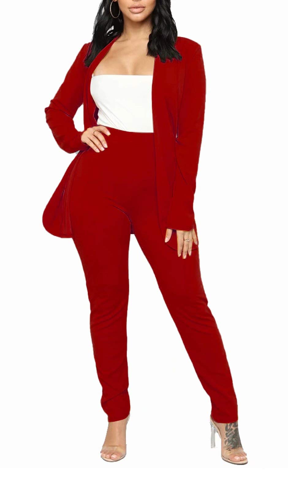 Aro Lora Women's 2 Piece Outfit Casual Solid Open Front Blazer and Pencil Pant Suits Set
