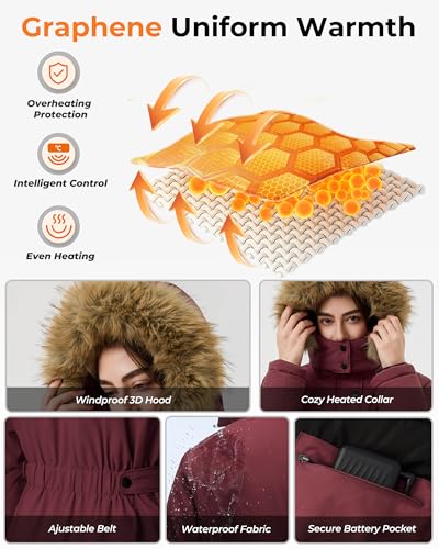Graphene Long Heated Jacket for Women with 18400mAh 12V Battery Pack, Womens Parka Coat with Faux Fur Detachable Hood