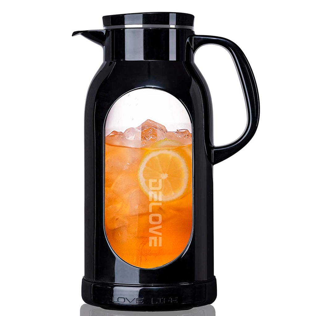 Delove 68 oz/2 Liter Glass Pitcher with Shatterproof Shell - Heat Resistant Glass Liner - Stainless Steel Lid - Carafe & Jug for Iced Tea,Hot/Cold Water,Homemade Juice Beverages (Black)