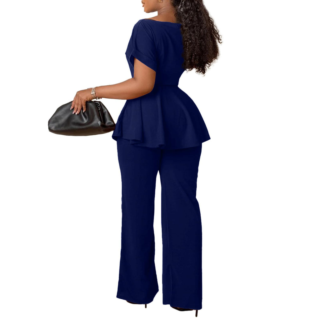 Women's 2 Piece Outfits Suit Set Short Sleeve Peplum Top Flared Pants Sets Business Pantsuits