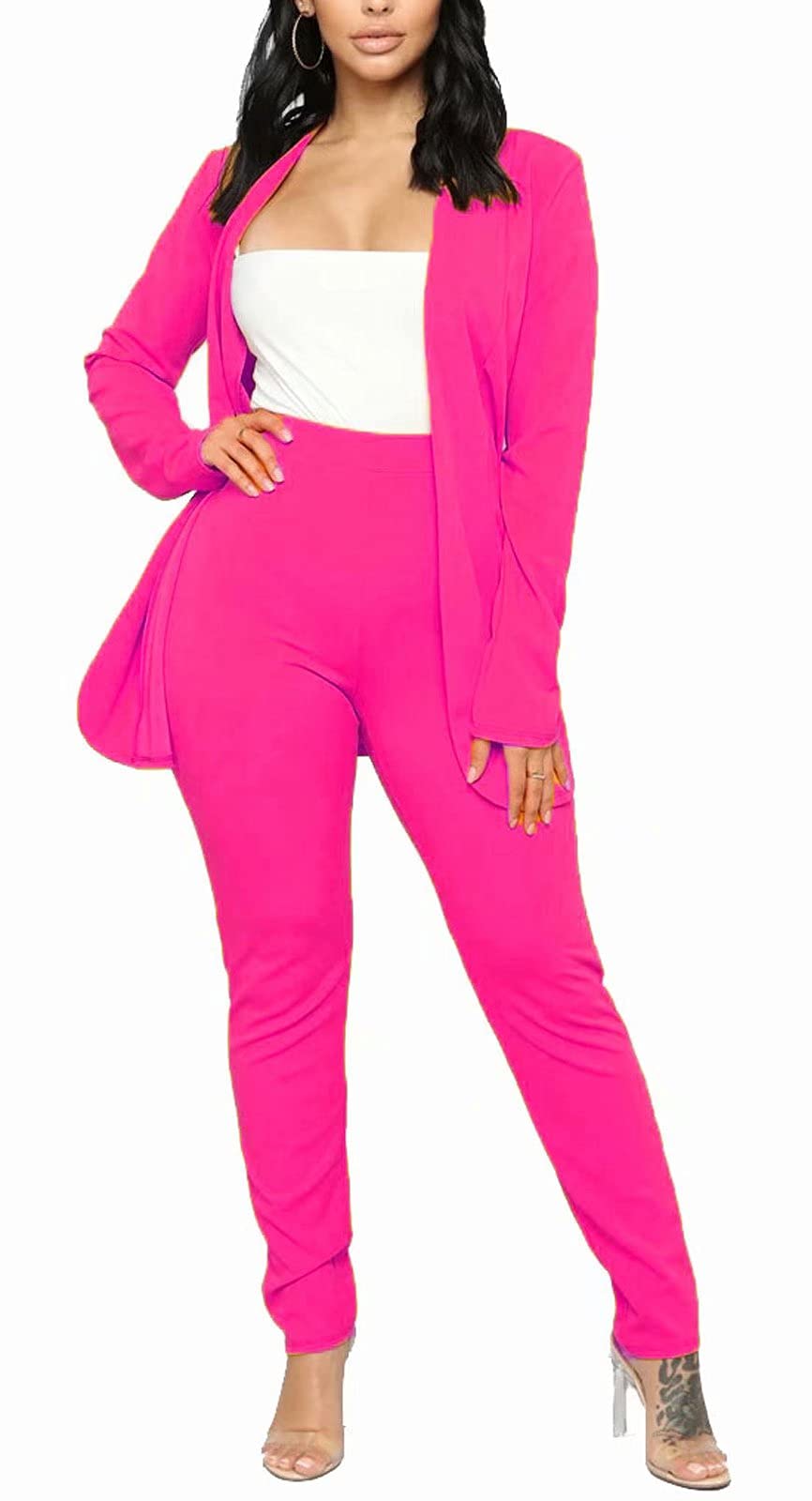 Aro Lora Women's 2 Piece Outfit Casual Solid Open Front Blazer and Pencil Pant Suits Set