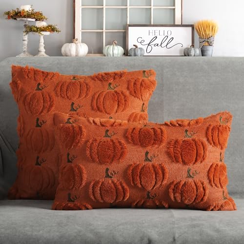 4TH Emotion Fall Pumpkins Decorative Pillow Covers 18x18 Set of 2, Beige Soft Plush Faux Fur Wool Farmhouse Throw Cushion Cases for Autumn Thanksgiving Holiday Home Decorations