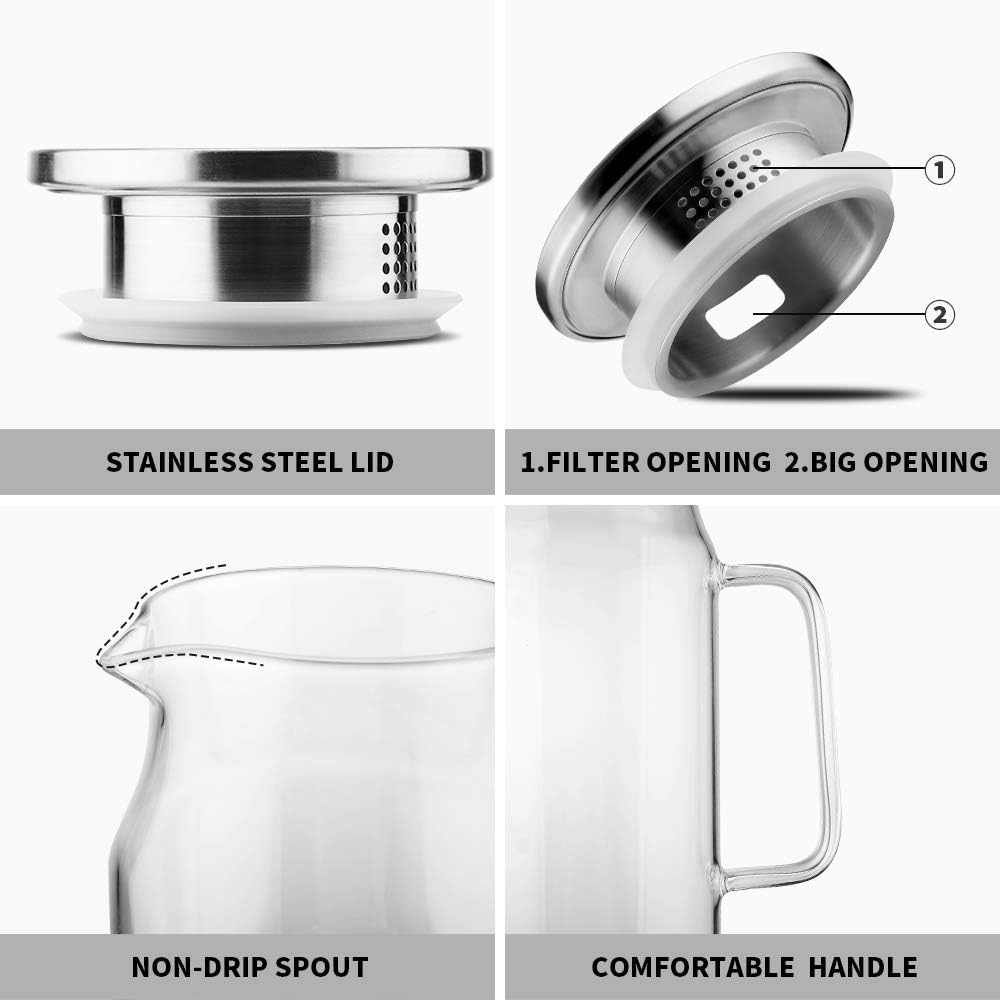 BOTTLE BOTTLE Glass Pitcher with Lid and Handle 50 oz/1500ml Water Pitcher for Ice Tea and Homemade Juice Heat Resistant Borosilicate Glass Carafe for Hot/Cold Water