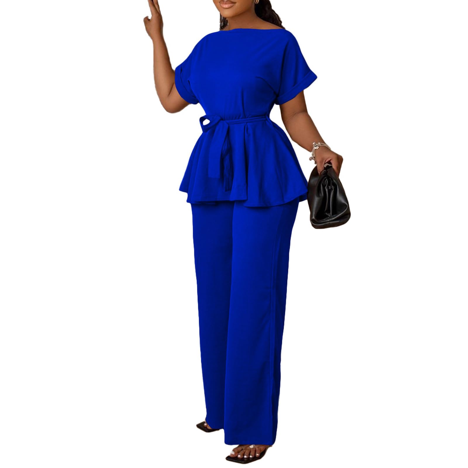 Women's 2 Piece Outfits Suit Set Short Sleeve Peplum Top Flared Pants Sets Business Pantsuits