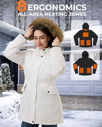 Graphene Long Heated Jacket for Women with 18400mAh 12V Battery Pack, Womens Parka Coat with Faux Fur Detachable Hood