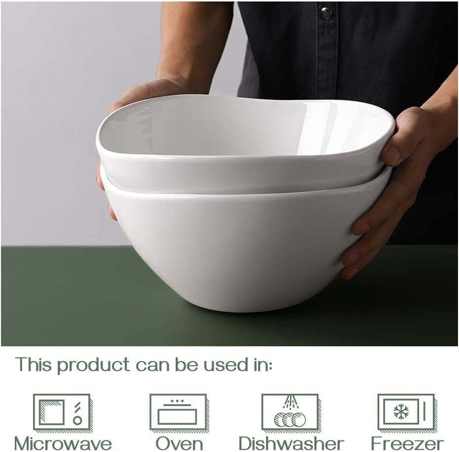 DOWAN 9.8'' Serving Bowls, 86 oz White Serving Platters, Large Ceramic Serving Dishes, Fruit Bowl, Set of 2, for Entertaining, Party, Kitchen, Dinner, Banquet, Housewarming Gift, Soft White