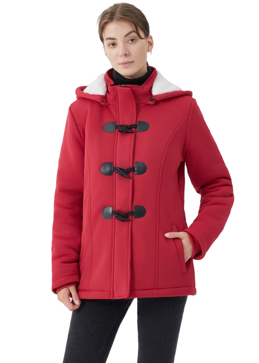 JiangWu Womens Fashion Horn Button Fleece Thicken Coat with Hood Winter Warm Jacket