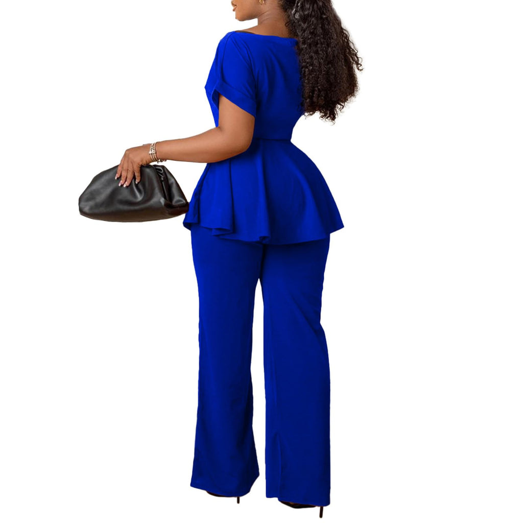 Women's 2 Piece Outfits Suit Set Short Sleeve Peplum Top Flared Pants Sets Business Pantsuits