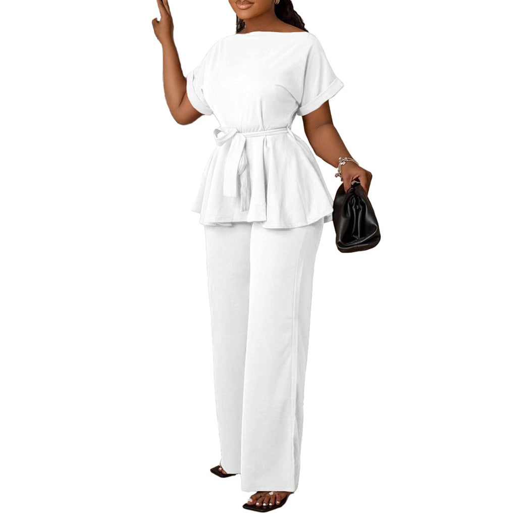 Women's 2 Piece Outfits Suit Set Short Sleeve Peplum Top Flared Pants Sets Business Pantsuits
