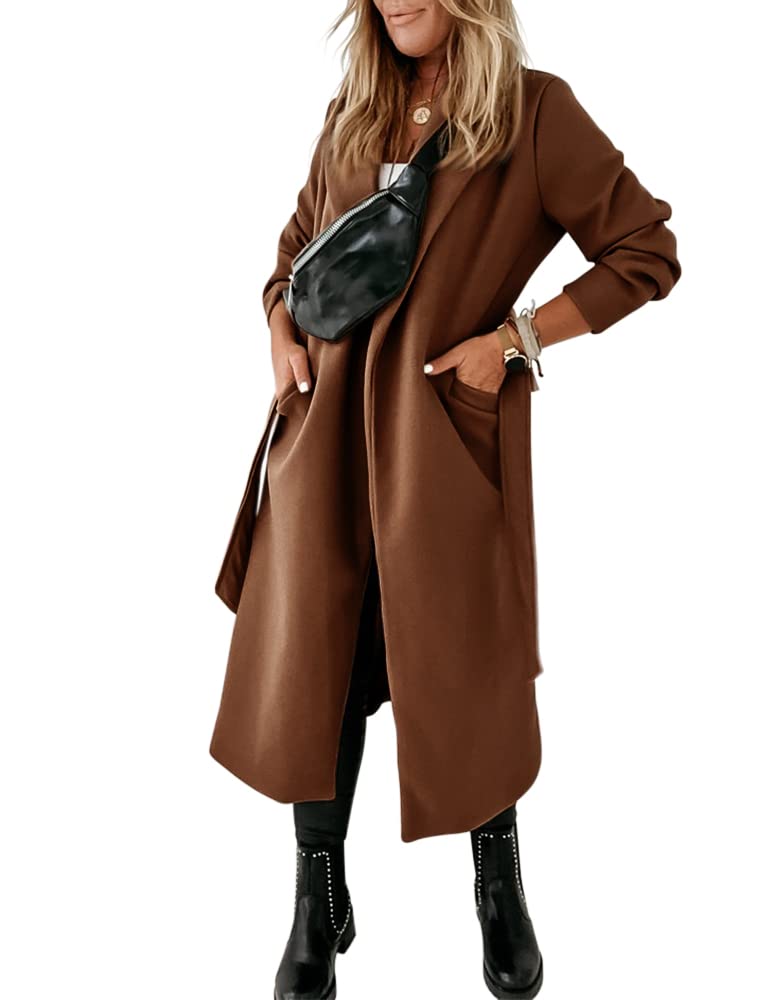 Womens Classic Coat Lapel Collar Open Front Belted Long Jacket