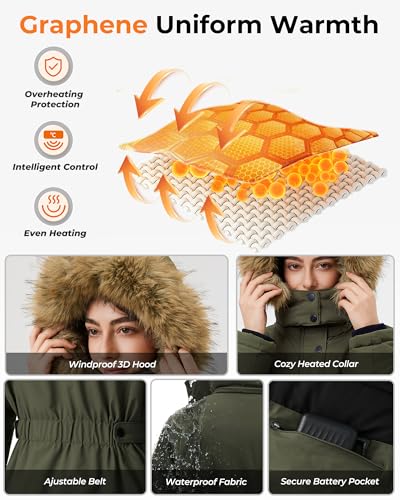 Graphene Long Heated Jacket for Women with 18400mAh 12V Battery Pack, Womens Parka Coat with Faux Fur Detachable Hood