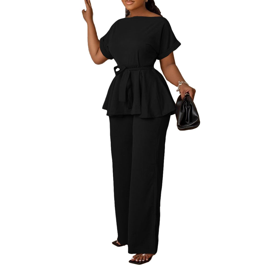 Women's 2 Piece Outfits Suit Set Short Sleeve Peplum Top Flared Pants Sets Business Pantsuits