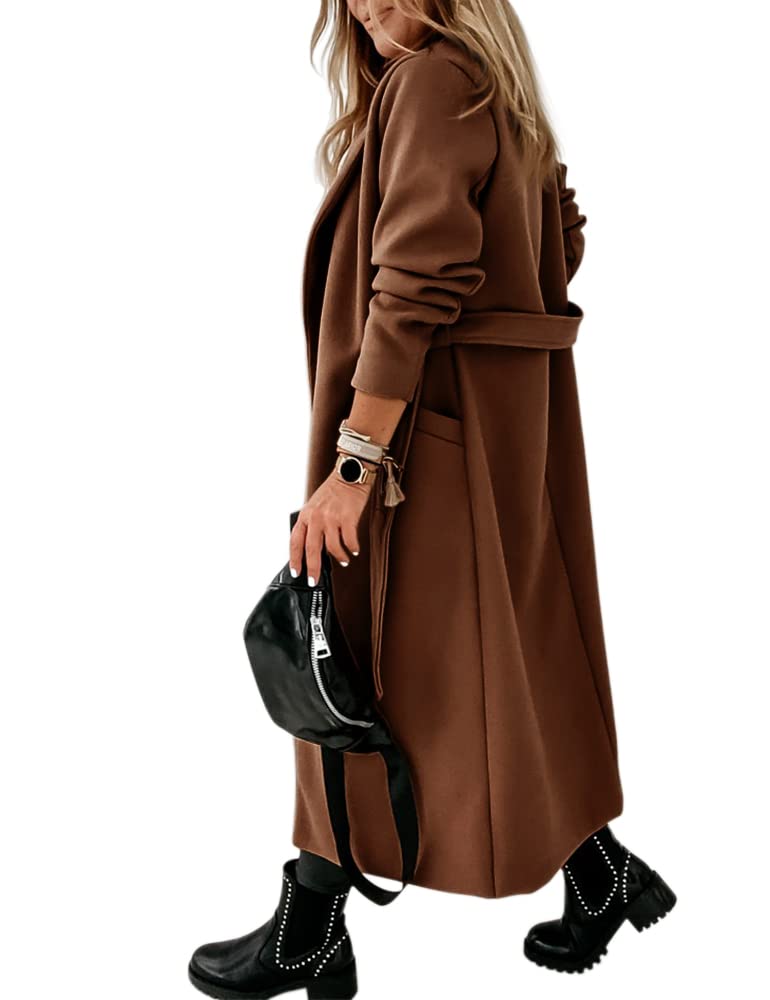 Womens Classic Coat Lapel Collar Open Front Belted Long Jacket
