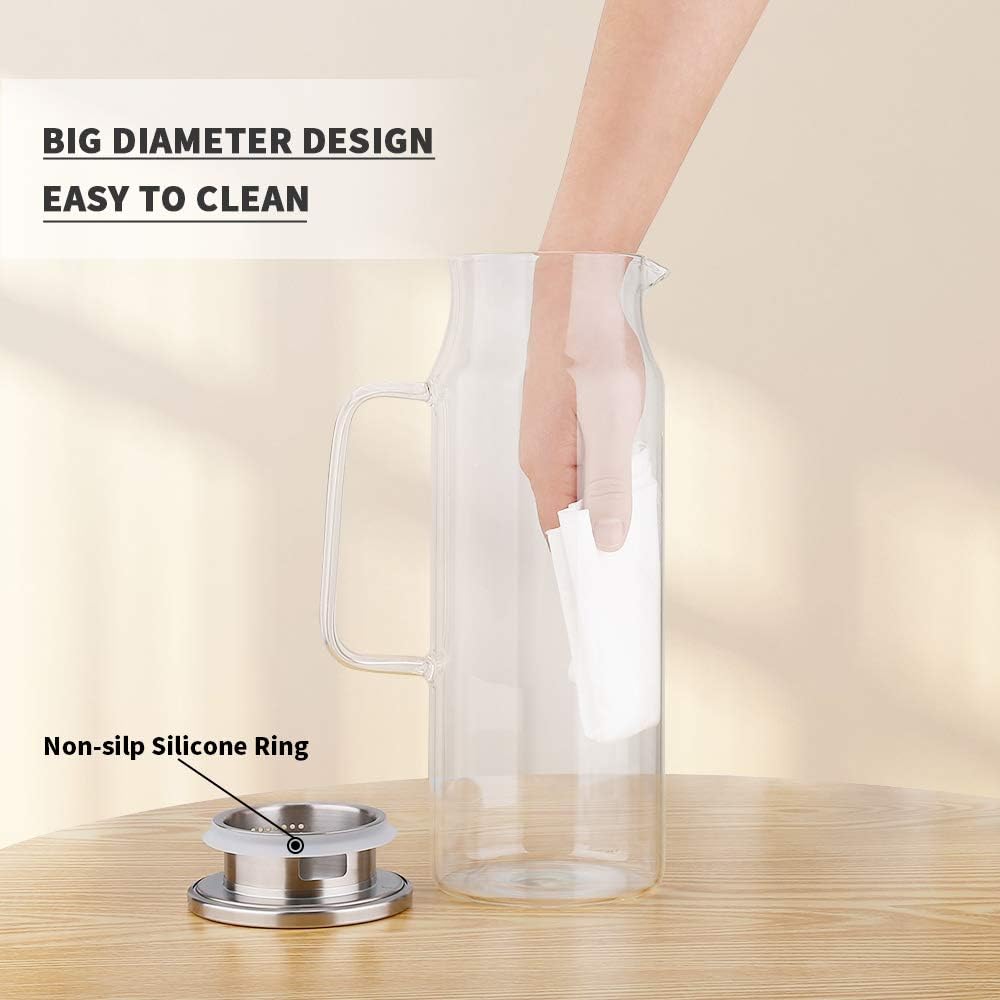 BOTTLE BOTTLE Glass Pitcher with Lid and Handle 50 oz/1500ml Water Pitcher for Ice Tea and Homemade Juice Heat Resistant Borosilicate Glass Carafe for Hot/Cold Water