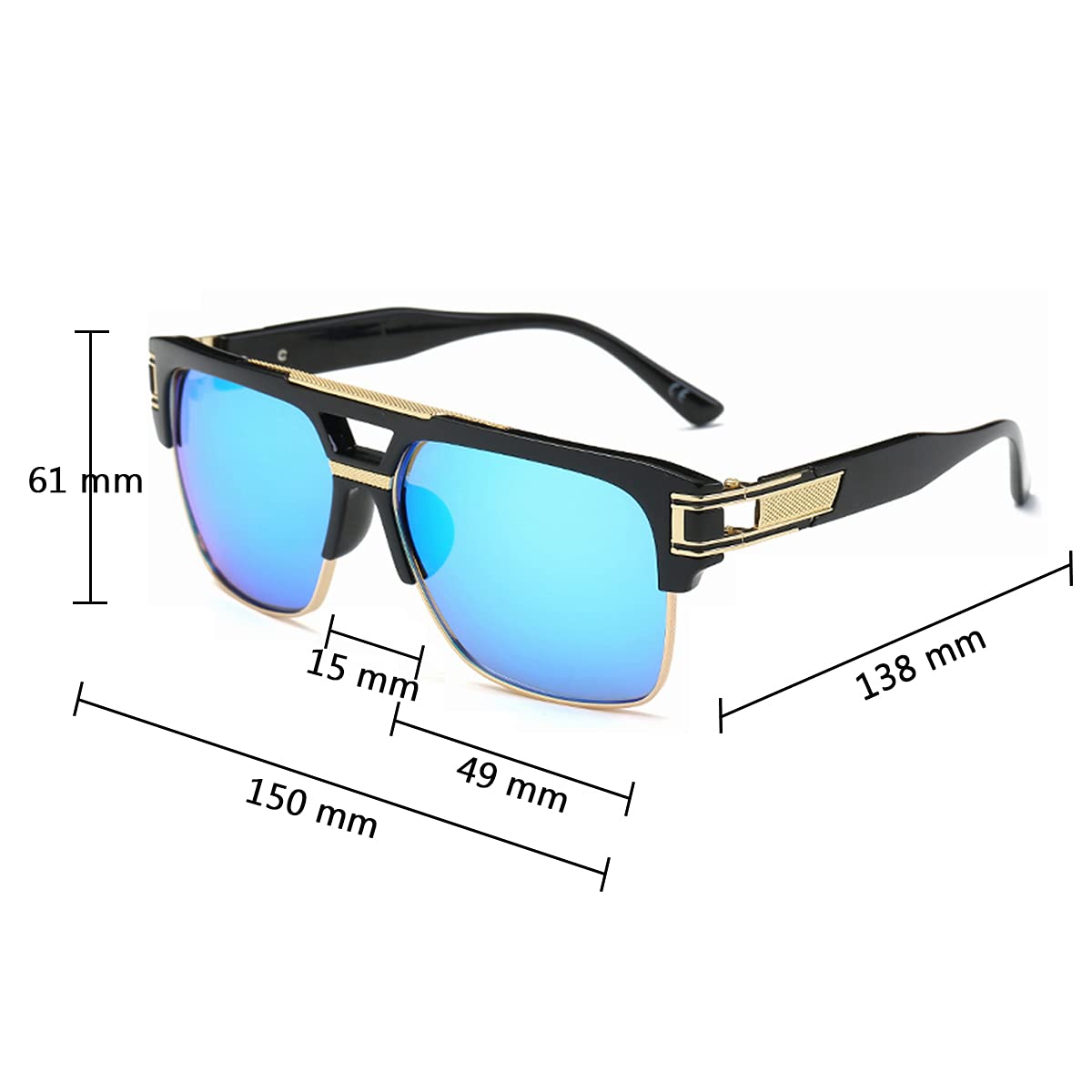 Dollger Square Sunglasses for Men Classic Oversized Sun Glasses Retro Semi Rimless Gold Alloy Frame UV400